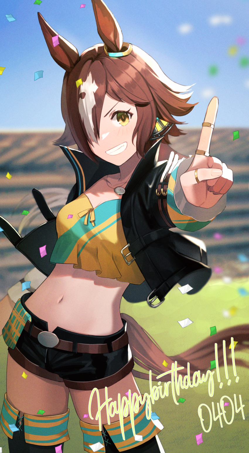 1girl animal_ears black_jacket black_legwear black_shorts blurry blurry_background brown_hair commentary_request dated dolce_(dolsuke) hair_over_one_eye happy_birthday highres horse_ears horse_girl horse_tail index_finger_raised jacket jewelry long_hair looking_at_viewer midriff navel necklace open_clothes open_jacket outdoors short_shorts shorts smile solo standing tail thigh-highs thighs umamusume vodka_(umamusume) yellow_eyes