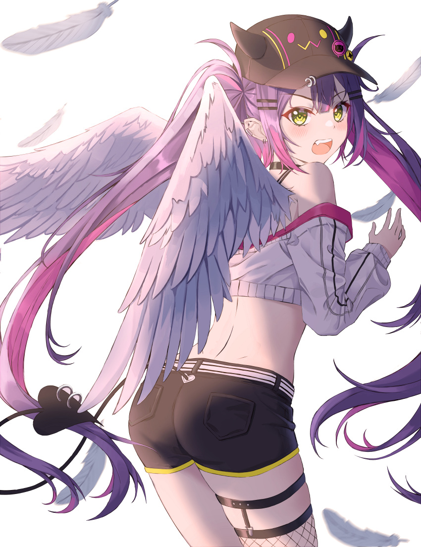1girl absurdres angel_wings ass bare_shoulders belt bibi_(tokoyami_towa) black_choker black_shorts choker clothing_cutout cowboy_shot crop_top cropped_jacket demon_tail fake_horns fang feathered_wings feathers fishnet_legwear fishnets from_behind green_eyes heart_cutout highres hololive horned_headwear horns jacket long_hair long_sleeves looking_at_viewer looking_back mad_rabbit midriff multicolored_hair off_shoulder open_mouth purple_hair short_shorts shorts single_thighhigh solo spaghetti_strap standing streaked_hair tail tail_through_clothes thigh-highs thigh_strap thighs tokoyami_towa twintails very_long_hair virtual_youtuber white_jacket wings