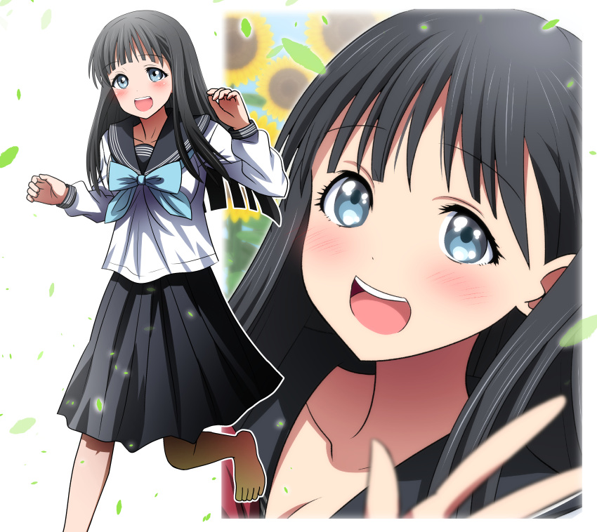 1girl absurdres ai_wa_muteki akebi-chan_no_serafuku akebi_komichi bangs barefoot black_hair black_sailor_collar black_skirt blue_bow blue_eyes blue_neckerchief blunt_bangs bow feet_out_of_frame highres long_hair long_sleeves looking_at_viewer multiple_views neckerchief open_mouth pleated_skirt roubai_academy_school_uniform_(old) round_teeth sailor_collar school_uniform serafuku shirt skirt smile teeth upper_teeth white_shirt