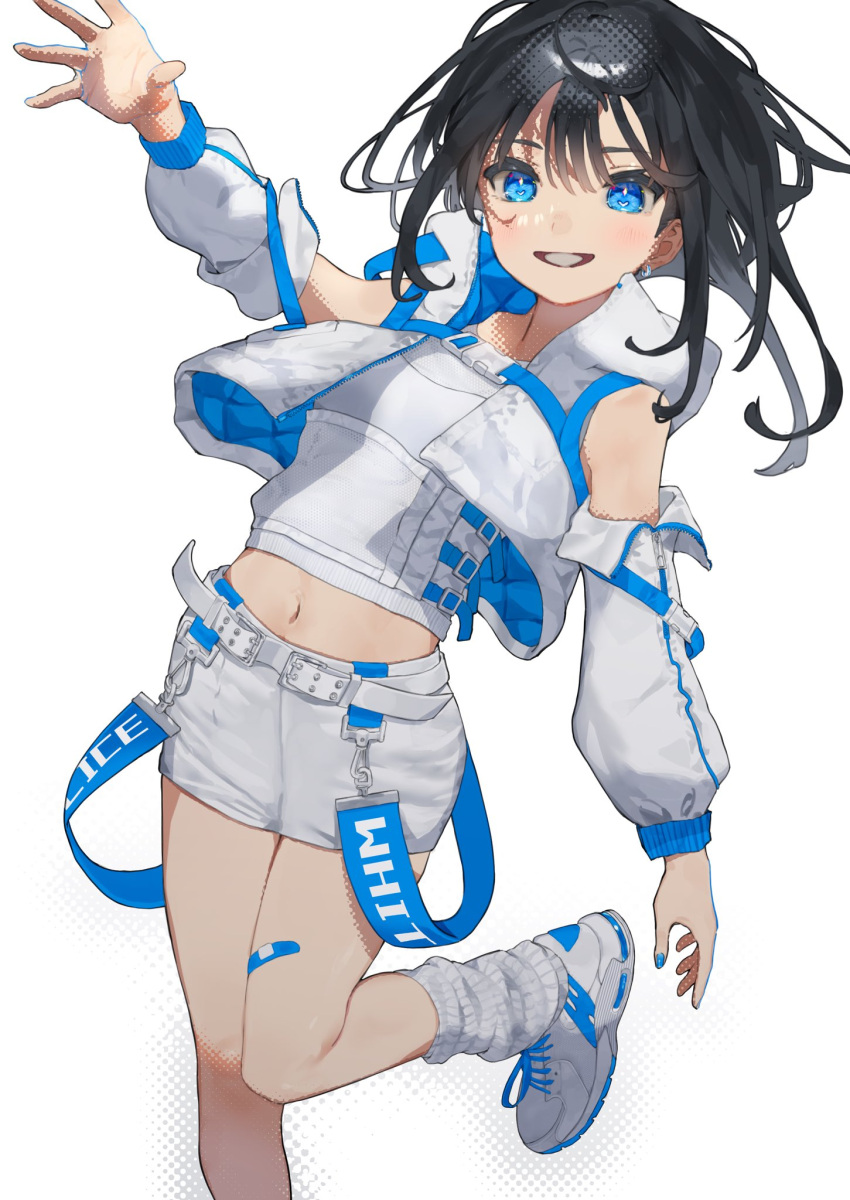 1girl :d arm_at_side arm_up bandaid bandaid_on_leg bangs bare_shoulders black_hair blue_eyes blue_nails cropped_jacket detached_sleeves earrings eyebrows_behind_hair hair_between_eyes halftone heart heart-shaped_pupils highres jacket jewelry leg_up legs light_blush looking_at_viewer mashiro_kta medium_hair midriff navel open_mouth original shirt shoes shorts simple_background sleeveless sleeveless_jacket sleeveless_shirt smile sneakers socks solo standing standing_on_one_leg symbol-shaped_pupils white_background white_footwear white_jacket white_legwear white_shirt white_shorts zipper