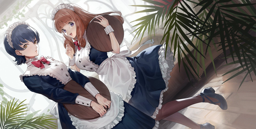 2girls :d apron bangs blue_dress blue_footwear blue_hair blunt_bangs breasts brown_hair brown_legwear ci_caprice couch curly_hair dress dutch_angle ekao flipped_hair hands_up highres holding holding_tray indoors ironwork long_hair long_sleeves looking_at_viewer maid maid_apron maid_headdress mell_raison multiple_girls open_mouth palm_leaf pantyhose parted_lips sakura_taisen shoes short_hair short_sleeves smile standing tray v_arms violet_eyes white_apron wrist_cuffs yellow_eyes
