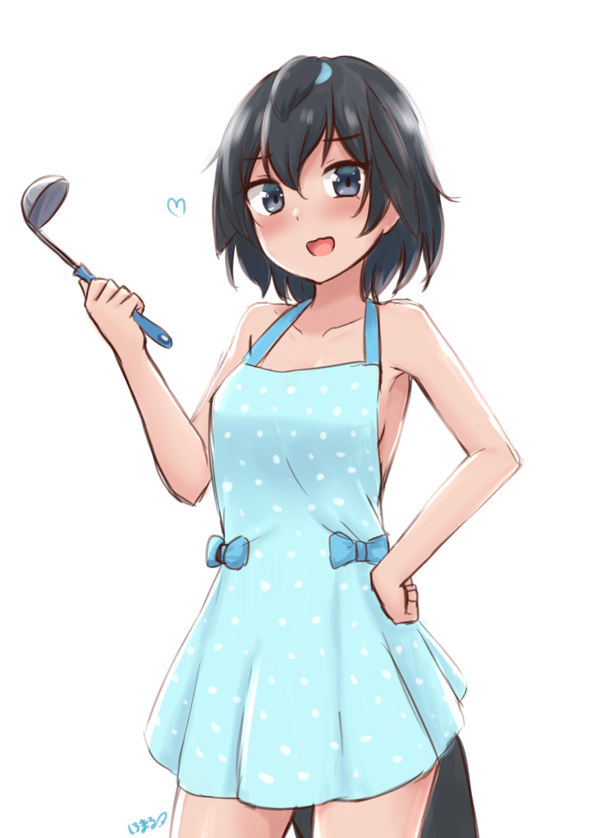 1girl :d absurdres apron bangs bare_arms bare_shoulders black_eyes black_hair blue_apron breasts collarbone commentary cowboy_shot eyebrows_visible_through_hair hair_between_eyes hand_on_hip heart highres kemono_friends ladle looking_at_viewer medium_breasts naked_apron no_bra open_mouth polka_dot polka_dot_apron shiraha_maru short_hair simple_background smile solo superb_bird-of-paradise_(kemono_friends) tail white_background
