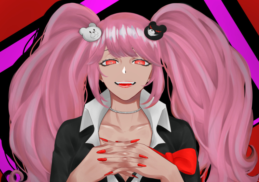 1girl :d @_@ alternate_hair_color bangs bear_hair_ornament collarbone danganronpa:_trigger_happy_havoc danganronpa_(series) enoshima_junko fangs hair_ornament highres interlocked_fingers long_hair looking_at_viewer nail_polish own_hands_together pink_background pink_hair red_background red_eyes red_nails romisope shiny shiny_hair smile solo tongue twintails