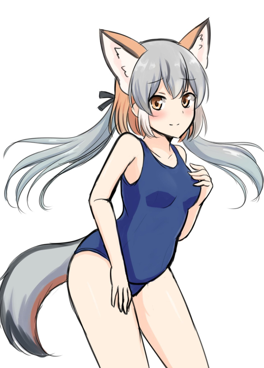 1girl animal_ear_fluff animal_ears bangs bare_arms bare_shoulders black_ribbon blue_swimsuit breasts commentary_request extra_ears eyebrows_visible_through_hair fox_ears fox_girl fox_tail grey_hair hair_between_eyes hair_ribbon hand_on_own_chest highres island_fox_(kemono_friends) kemono_friends light_blush light_smile long_hair medium_breasts multicolored_hair one-piece_swimsuit orange_eyes orange_hair ribbon school_swimsuit shiraha_maru simple_background solo split_mouth swimsuit tail twintails white_background