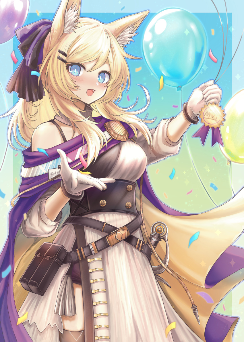 1girl 3_(sanyako1) absurdres animal_ear_fluff animal_ears arknights balloon blonde_hair blue_eyes blush dress gloves hair_ornament hair_ribbon hairclip highres holding holding_balloon horse_ears horse_girl long_hair looking_at_viewer official_alternate_costume open_mouth ponytail purple_ribbon ribbon solo whislash_(arknights) whislash_(glory_purple)_(arknights) white_gloves