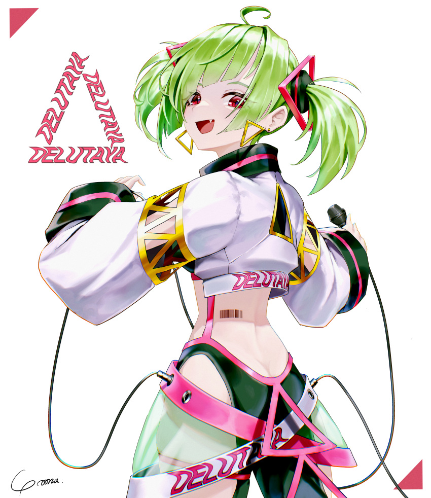 1girl :d absurdres ahoge bangs barcode barcode_tattoo character_name cowboy_shot cropped_jacket delruki delutaya earrings fang from_behind green_hair highres holding holding_microphone indie_virtual_youtuber jacket jewelry looking_at_viewer looking_back microphone red_eyes see-through signature simple_background smile solo standing tattoo triangle_earrings twintails virtual_youtuber white_background white_jacket yo_na