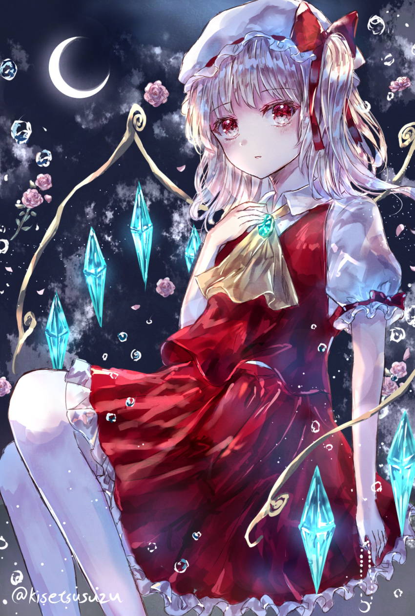 1girl ascot blonde_hair crescent_moon crystal flandre_scarlet full_moon hat hat_ribbon highres looking_at_viewer mob_cap moon night puffy_short_sleeves puffy_sleeves red_eyes red_ribbon red_skirt red_vest ribbon shirt short_sleeves skirt sky solo suzushina touhou vest white_legwear wings
