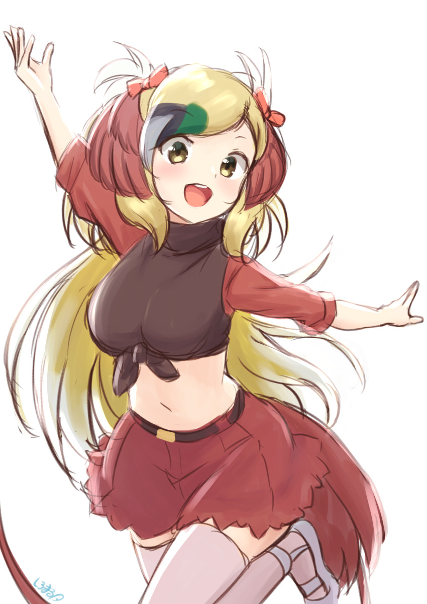 1girl :d absurdres bangs bird_tail blonde_hair bow breasts commentary dancing greater_bird-of-paradise_(kemono_friends) hair_bow head_wings highres kemono_friends long_hair looking_at_viewer medium_breasts midriff multicolored_hair navel open_mouth outstretched_arms pink_legwear red_bow red_skirt shiraha_maru shirt simple_background sketch skirt smile solo swept_bangs tail thigh-highs tied_shirt two_side_up very_long_hair white_background yellow_eyes