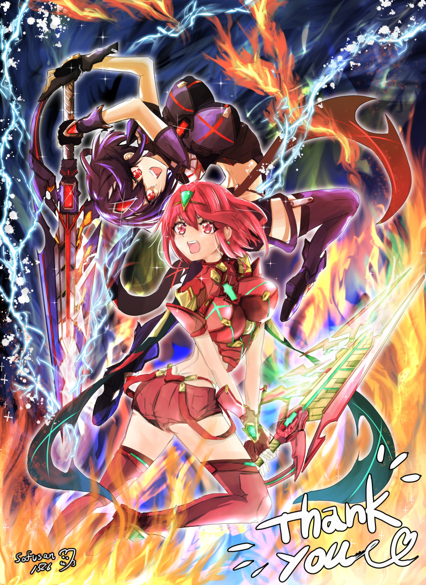 1girl absurdres aegis_sword_(xenoblade) alternate_color bangs black_gloves breasts chest_jewel drawing earrings fingerless_gloves gloves highres jewelry large_breasts pyra_(xenoblade) red_eyes red_legwear red_shorts redhead short_hair short_shorts shorts sofusan1526 solo super_smash_bros. swept_bangs sword thigh-highs tiara weapon xenoblade_chronicles_(series) xenoblade_chronicles_2
