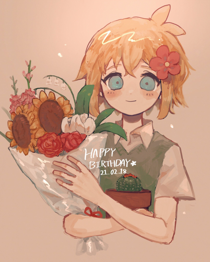 1boy bangs basil_(omori) beige_background birthday blonde_hair blue_eyes blush bouquet cactus collared_shirt commentary dated english_commentary flower gladiolus green_sweater_vest hair_flower hair_ornament happy_birthday highres hinshi_hp0 holding holding_bouquet lily_of_the_valley looking_at_viewer male_focus omori plant potted_plant red_flower rose shirt short_hair smile solo sunflower sweater_vest upper_body white_flower white_shirt yellow_flower