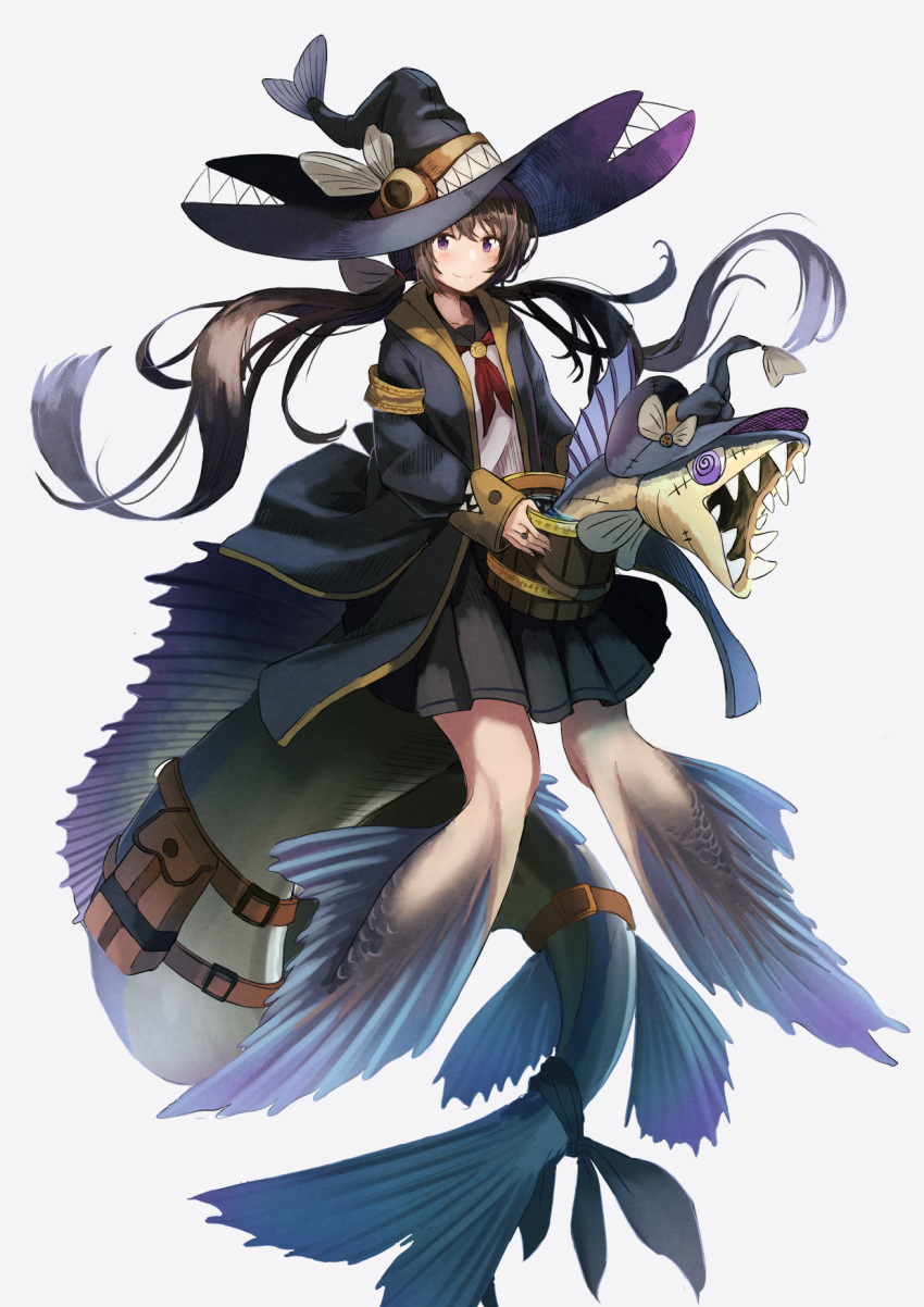 159cm 1girl brown_hair bucket closed_mouth fish_girl fish_tail floating grey_background hat highres holding holding_bucket jewelry long_hair looking_at_viewer low_twintails monster monster_girl neckerchief original pleated_skirt red_neckerchief ring skirt smile solo tail twintails violet_eyes witch_hat