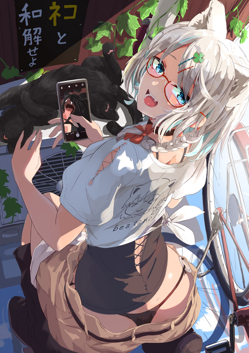 1girl alternate_costume animal animal_ears ass bespectacled bicycle blue_eyes blush boots bow braid camisole cat cellphone commission day downpants extra_ears fang from_above from_behind glasses grey_hair ground_vehicle hair_bow hair_ornament hairclip highres holding holding_phone indie_virtual_youtuber kagami_toufu kumagai_chisato long_hair looking_at_viewer looking_back looking_up o-ring o-ring_bottom o-ring_panties one_knee open_mouth outdoors panties phone reflection reflective_floor semi-rimless_eyewear shirt short_sleeves shorts side_braid single_braid skeb_commission smartphone smile solo_focus taking_picture tied_shirt under-rim_eyewear underwear virtual_youtuber