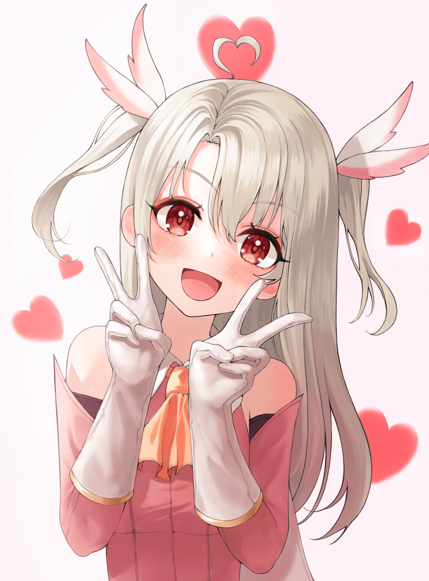 1girl :d absurdres ascot bangs bare_shoulders blonde_hair blush commentary_request detached_sleeves double_v dress fate/kaleid_liner_prisma_illya fate_(series) gloves heart highres hirumi illyasviel_von_einzbern long_hair looking_at_viewer open_mouth orange_ascot pink_dress red_eyes smile solo twintails upper_body v