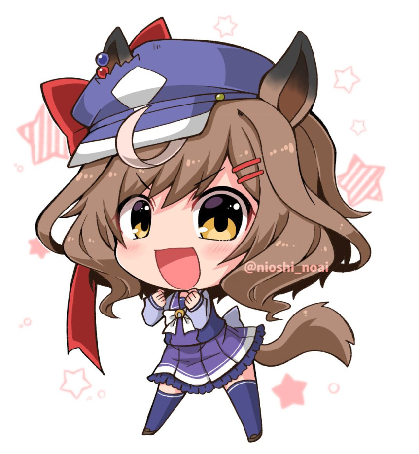 1girl :d animal_ears blue_headwear blush brown_eyes brown_footwear brown_hair cabbie_hat chibi clenched_hands commentary_request ears_through_headwear hair_ornament hairclip hat horse_ears horse_girl horse_tail loafers long_sleeves looking_at_viewer matikane_tannhauser_(umamusume) multicolored_hair noai_nioshi pleated_skirt puffy_long_sleeves puffy_sleeves purple_legwear purple_shirt purple_skirt shirt shoes simple_background skirt sleeves_past_wrists smile solo standing starry_background streaked_hair tail thigh-highs twitter_username umamusume white_background white_hair