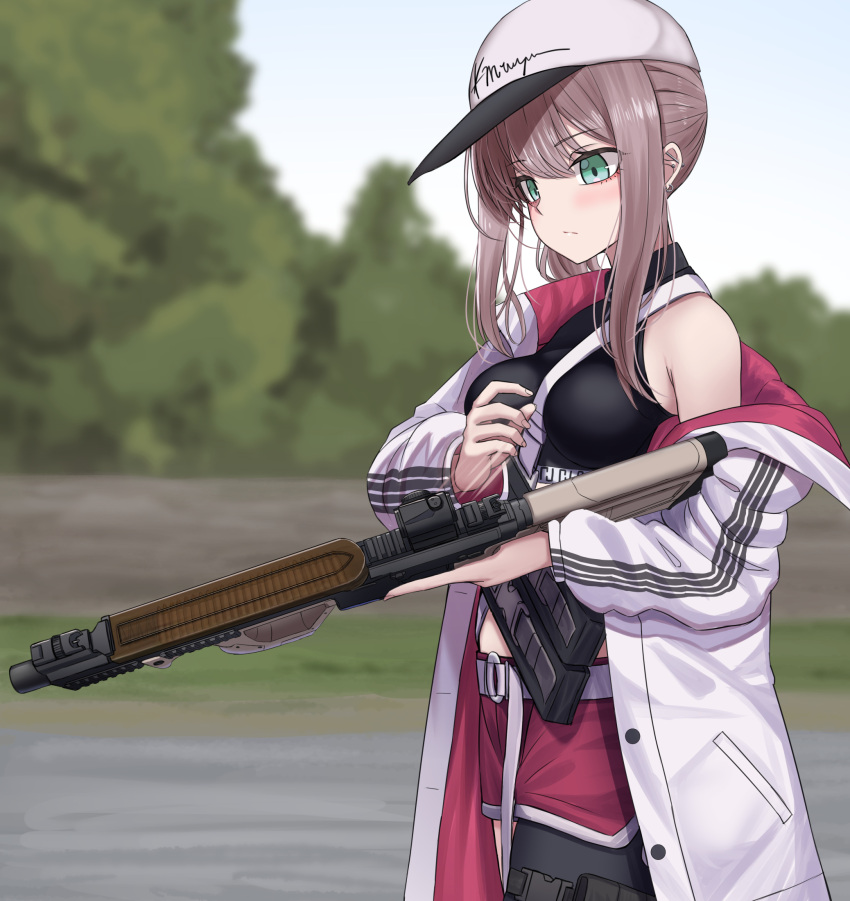 1girl aqua_eyes ar-57 ar-57_(girls'_frontline) assault_rifle bangs black_tank_top blush breasts closed_mouth commission crop_top eye_piercing eyebrows_visible_through_hair girls_frontline gun highres holding holding_gun holding_weapon jacket jacket_over_shoulder jacket_removed long_hair looking_down medium_breasts open_clothes open_jacket pink_hair pink_shorts rifle scenery shorts sideboob skeb_commission solo standing tank_top weapon white_headwear white_jacket yakob_labo
