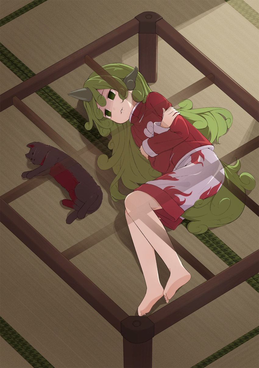 1girl animal animal_ears bangs barefoot black_cat black_eyes cat cat_ears cat_tail closed_mouth crossed_arms curly_hair dark_skin dog_ears dog_tail empty_eyes eyebrows_visible_through_hair floor green_eyes green_hair grey_shorts hair_between_eyes highres horns indoors jacket kaenbyou_rin kaenbyou_rin_(cat) kanpa_(campagne_9) komano_aunn long_hair long_sleeves looking_to_the_side multiple_tails red_jacket shaded_face shadow shorts single_horn table tail teeth touhou two_tails whiskers