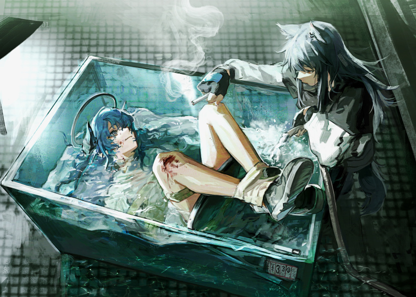 2girls absurdres animal_ears aquarium arknights black_hair bleeding blood blue_hair bound bound_arms bound_legs cigarette commentary_request deatiose demon_horns halo highres horns mostima_(arknights) multiple_girls shoes smoke sneakers texas_(arknights) torture water wolf_ears wolf_girl