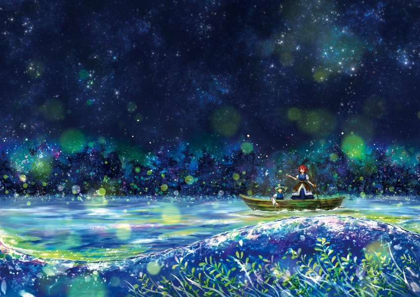 2girls :d absurdres blue_dress blue_headwear blue_vest boat commentary dress fireflies green_eyes green_hair hair_between_eyes hair_bobbles hair_ornament hat highres holding holding_paddle kelp long_sleeves multiple_girls night night_sky onozuka_komachi open_mouth outdoors paddle puffy_short_sleeves puffy_sleeves red_ribbon redhead ribbon shiki_eiki short_sleeves short_twintails sky smile star_(sky) starry_sky tocchi touhou tree twintails vest water watercraft white_sleeves wide_sleeves