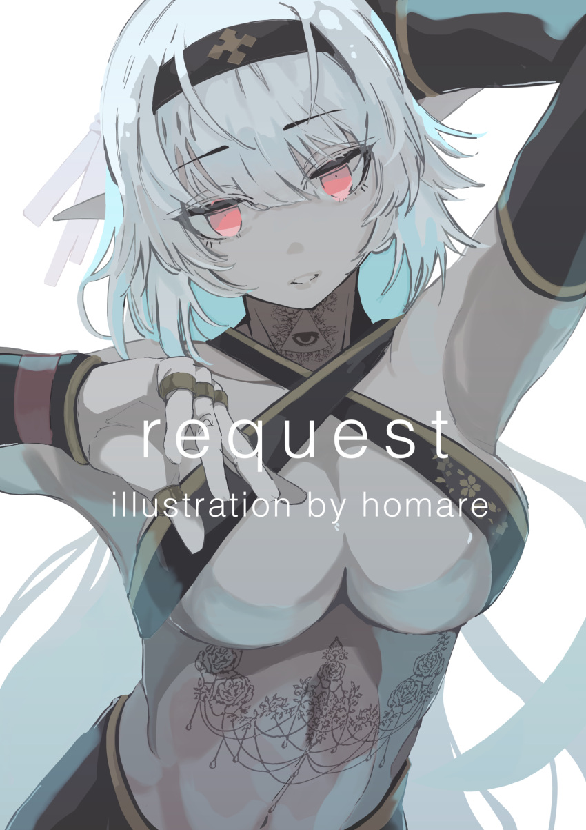 1girl armpits arms_up artist_name black_hairband black_sleeves breasts colored_skin commentary_request commission dark-skinned_female dark_skin detached_sleeves english_text grey_hair grey_skin hairband highres homare_eramoh jewelry large_breasts long_hair looking_at_viewer multiple_rings original parted_lips pink_eyes pointy_ears revealing_clothes ring simple_background skeb_commission sling_bikini_top solo upper_body white_background