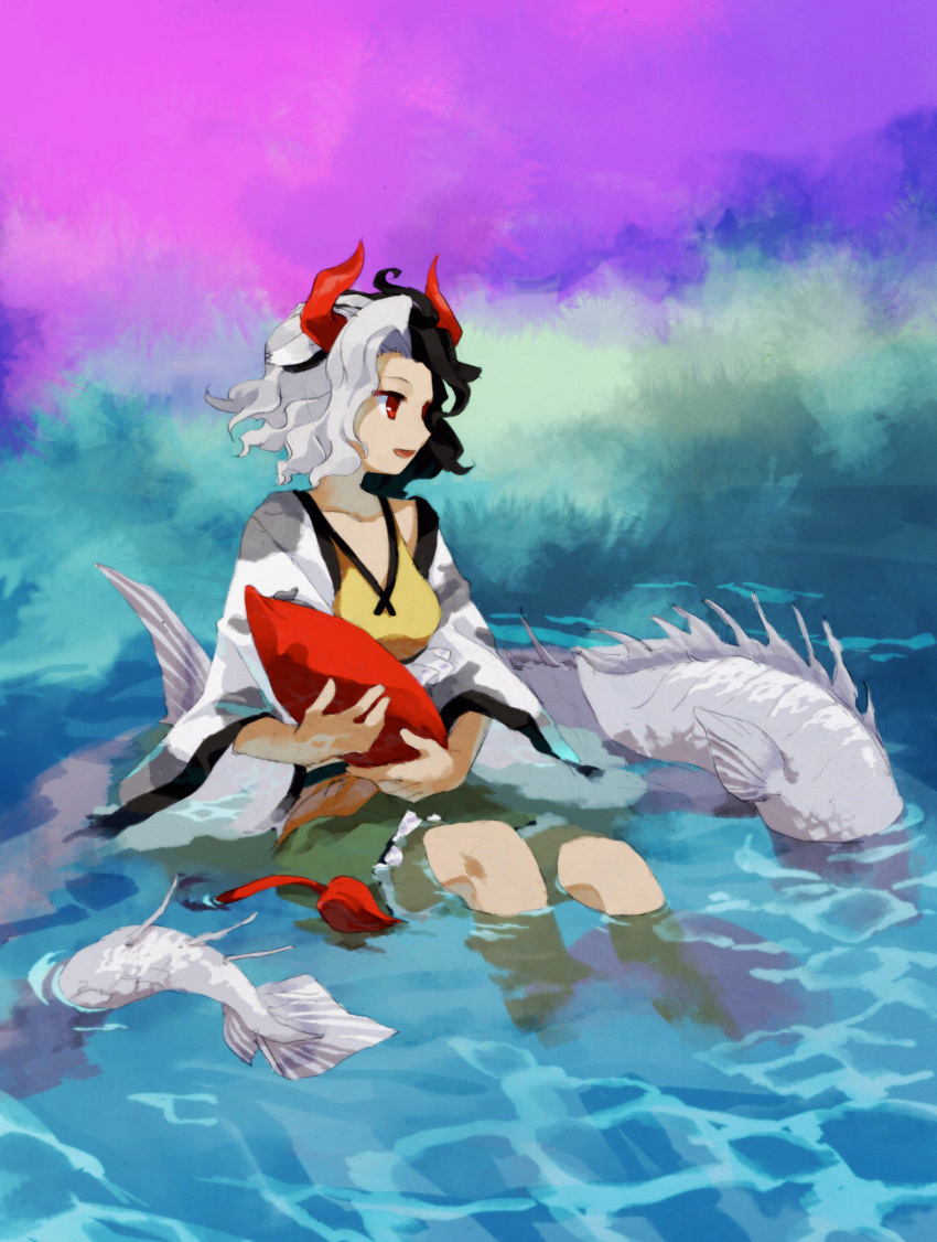 1girl animal_ears animal_print black_hair commentary_request cow_ears cow_girl cow_horns cow_print cow_tail crop_top fish fish_tail frilled_shorts frills grey_hair haori highres holding horns japanese_clothes kaigen_1025 long_sleeves looking_to_the_side multicolored_hair partially_submerged red_horns red_tail shorts sitting split-color_hair statue tail tank_top touhou two-tone_hair ushizaki_urumi yellow_shorts yellow_tank_top