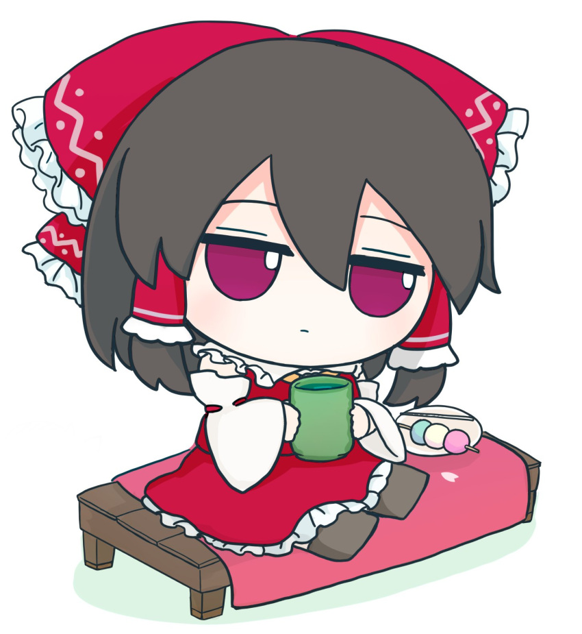 1girl ascot bench blanket bow brown_footwear brown_hair candy character_doll collar cup detached_sleeves doll food fumo_(doll) hair_bow hair_tubes hakurei_reimu highres medium_hair nontraditional_miko red_bow red_eyes red_shirt red_skirt rei_(tonbo0430) ribbon-trimmed_sleeves ribbon_trim shirt sidelocks simple_background sitting skirt skirt_set sleeveless solo touhou white_background white_collar yellow_ascot