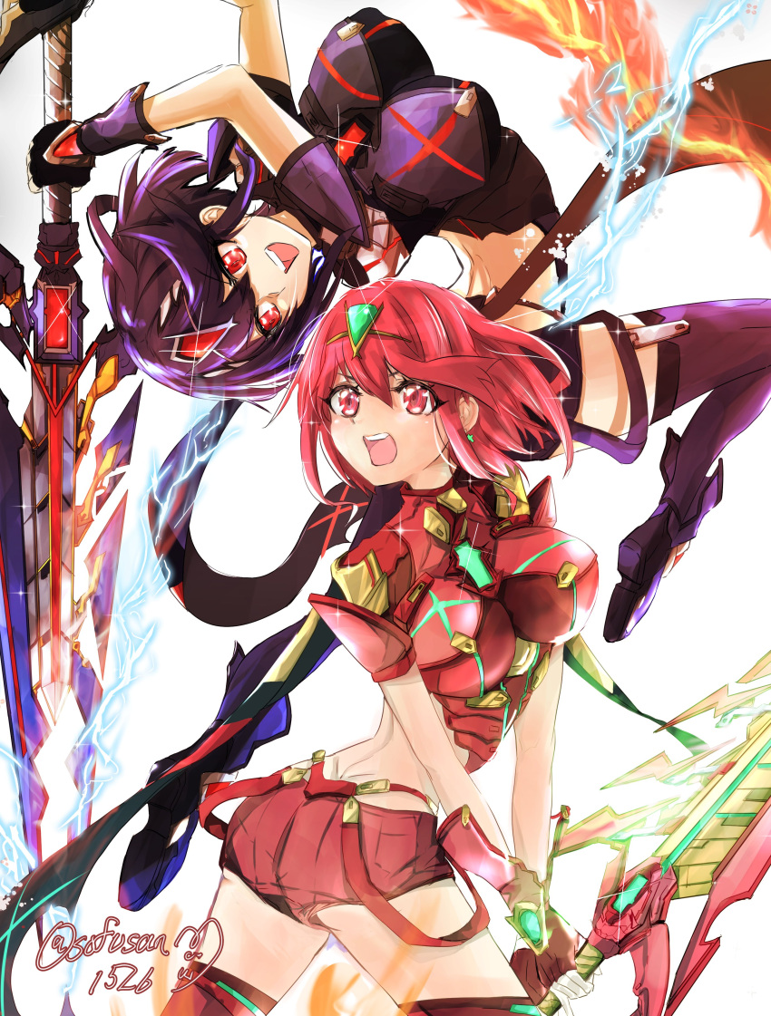 1girl absurdres aegis_sword_(xenoblade) alternate_color bangs black_gloves breasts chest_jewel drawing earrings fingerless_gloves gloves highres jewelry large_breasts pyra_(xenoblade) red_eyes red_legwear red_shorts redhead short_hair short_shorts shorts sofusan1526 solo super_smash_bros. swept_bangs sword thigh-highs tiara weapon xenoblade_chronicles_(series) xenoblade_chronicles_2