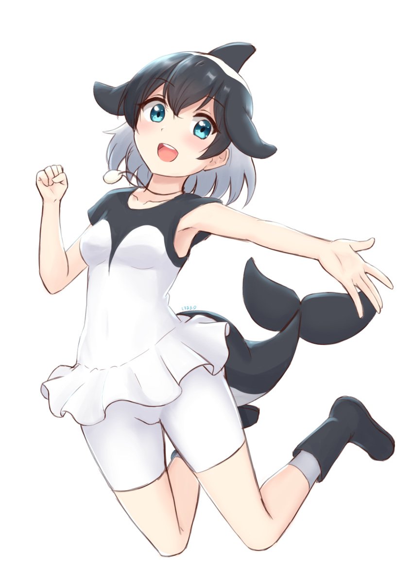 1girl :d absurdres aqua_eyes bangs bare_arms bike_shorts black_footwear black_hair boots breasts cetacean_tail clenched_hand collarbone commentary commerson's_dolphin_(kemono_friends) dolphin_girl dorsal_fin eyebrows_visible_through_hair full_body hair_between_eyes highres jewelry jumping kemono_friends looking_at_viewer medium_breasts medium_hair multicolored_hair open_mouth outstretched_arm pendant shiraha_maru simple_background smile solo two-tone_hair white_background white_hair
