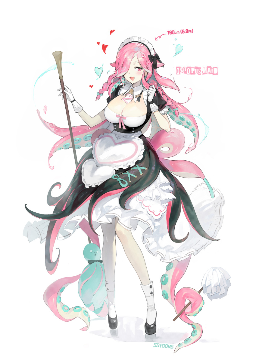 1girl absurdres artist_name braid breasts broom detached_collar dress frills gloves hands_up highres holding holding_broom large_breasts maid maid_headdress one_eye_covered open_mouth original pink_eyes pink_hair puffy_short_sleeves puffy_sleeves shoes short_sleeves smile solo soyoong_jun standing tentacle_hair tentacles white_background