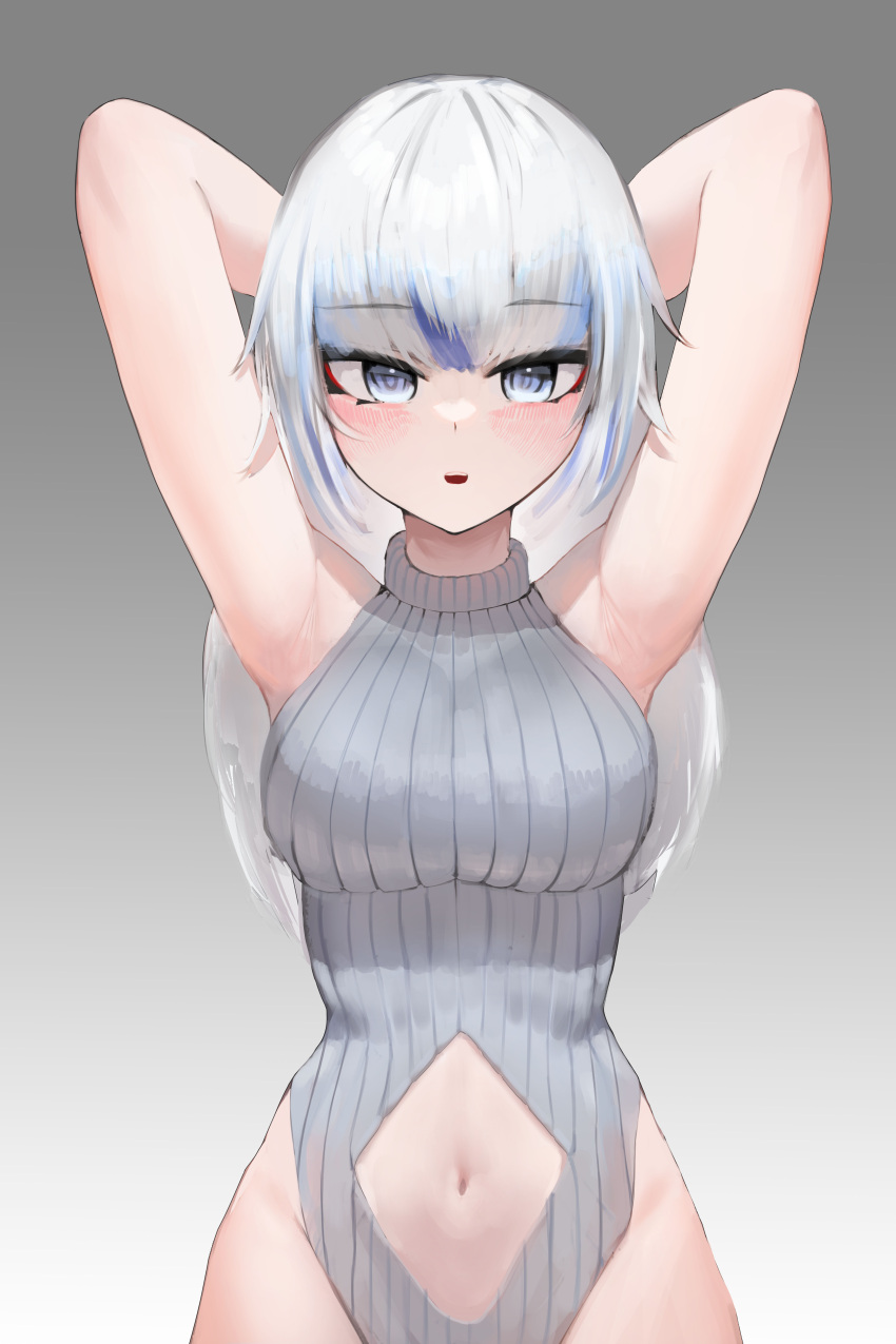 1girl absurdres alternate_breast_size alternate_costume armpits arms_behind_head arms_up bangs blue_eyes blue_hair blunt_bangs blush breasts clothing_cutout commentary english_commentary eyeshadow gawr_gura gradient gradient_background grey_background grey_hair grey_sweater hand_up highres hololive hololive_english large_breasts leedarram long_hair looking_at_viewer makeup multicolored_hair navel parted_lips red_eyeshadow ribbed_sweater sidelocks simple_background sleeveless sleeveless_turtleneck solo stomach_cutout straight-on streaked_hair sweater thighs turtleneck turtleneck_sweater upper_body virtual_youtuber white_hair