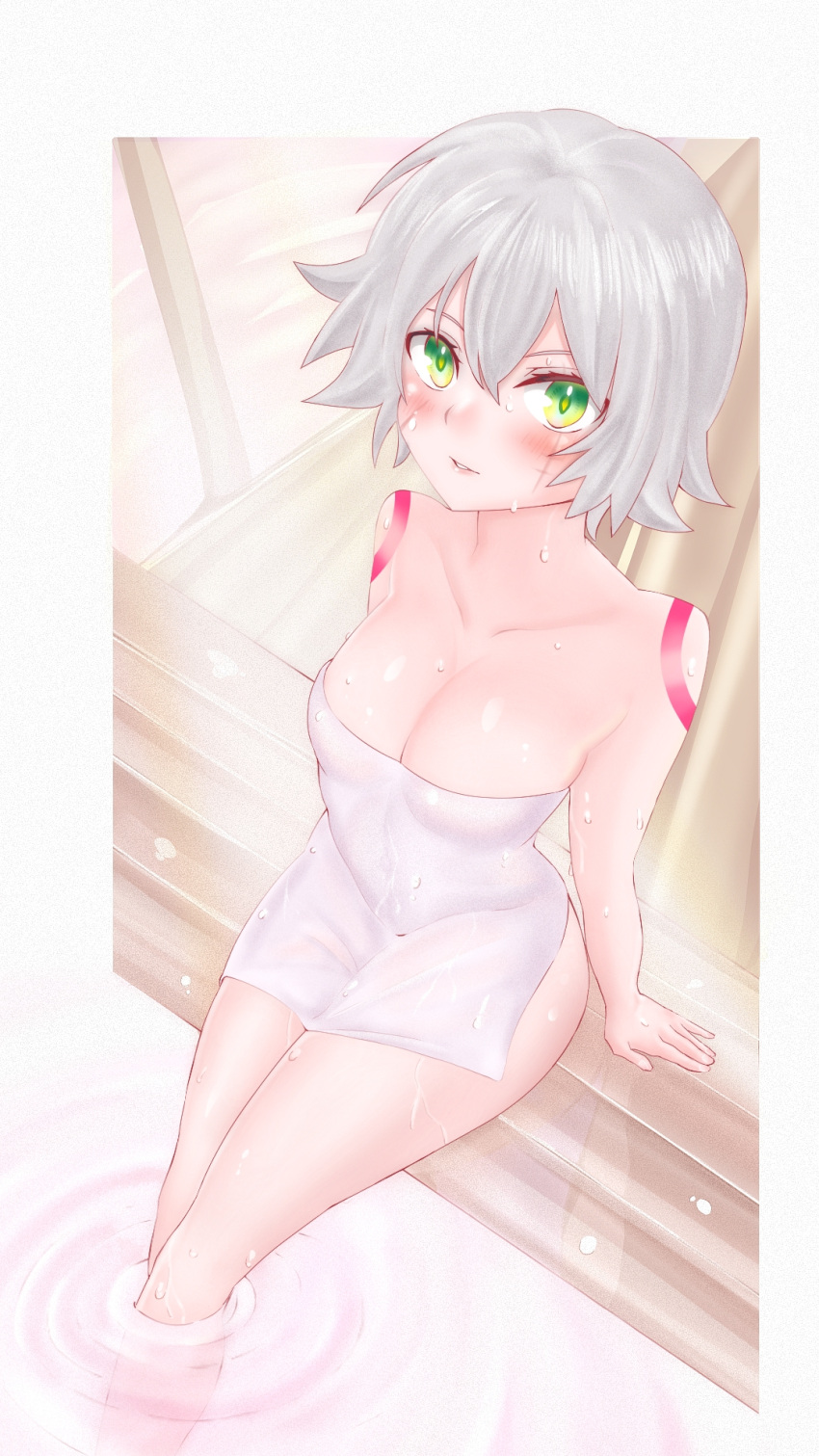 1girl blush breasts fate/apocrypha fate/grand_order fate_(series) from_above highres jack_the_ripper_(fate/apocrypha) looking_at_viewer scar scar_across_eye scar_on_cheek scar_on_face short_hair shoulder_tattoo small_breasts solo tattoo towel wet