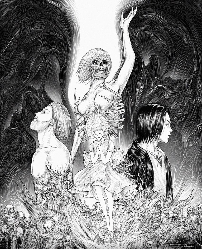 1girl 2boys arm_up beard crying death dress eren_yeager facial_hair flower full_body greyscale highres marvin_(omarvin) monochrome multiple_boys own_hands_together rogue_titan scene_reference shingeki_no_kyojin short_hair skull spoilers toned toned_male ymir_fritz zeke_yeager