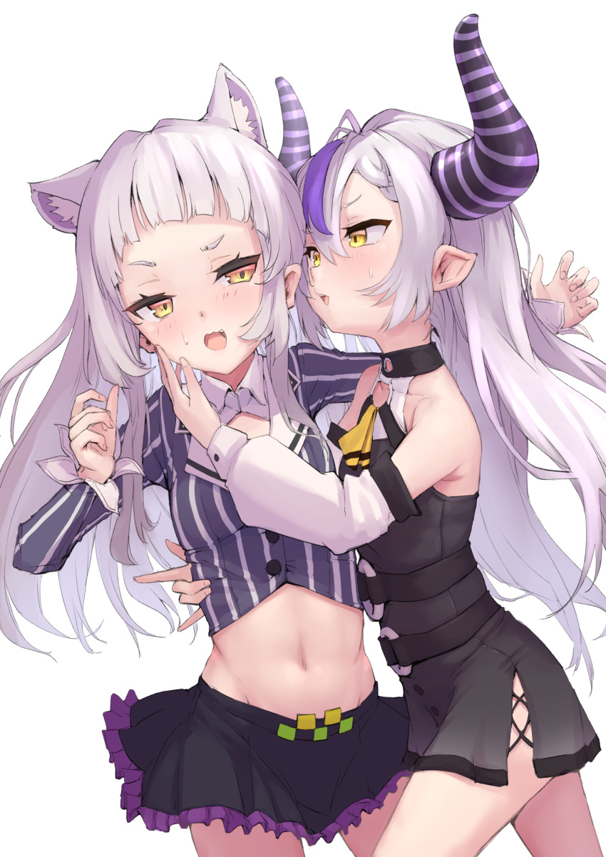 2girls animal_ear_fluff animal_ears bangs bare_shoulders black_dress black_skirt blush cat_ears cowboy_shot demon_horns detached_sleeves dress extra_ears frilled_skirt frills hair_between_eyes hand_on_another's_cheek hand_on_another's_face highres hololive horns la+_darknesss long_hair long_sleeves looking_at_another midriff mitsuru_(pixiv_34028718) multiple_girls murasaki_shion navel open_mouth parted_lips purple_hair shirt silver_hair simple_background skirt striped striped_shirt sweat vertical-striped_shirt vertical_stripes very_long_hair virtual_youtuber white_background yellow_eyes yuri