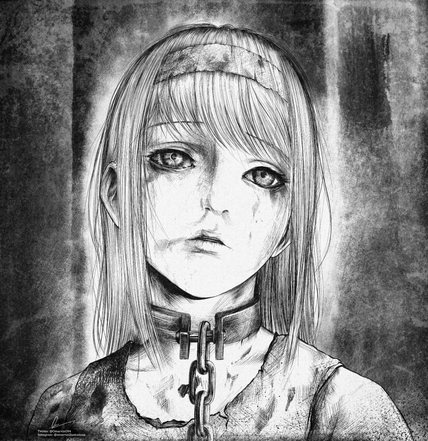 1girl bangs blood blood_stain chain chained collar dirty dirty_clothes dirty_face expressionless face greyscale hairband highres looking_up marvin_(omarvin) metal_collar monochrome shingeki_no_kyojin solo upper_body ymir_fritz