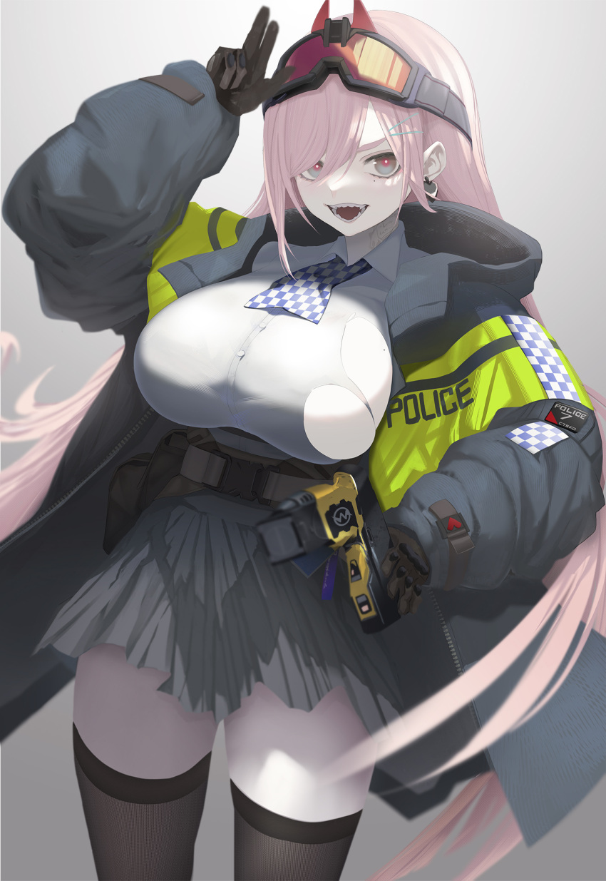 1girl bangs belt black_belt black_gloves black_legwear blush breasts commission earrings eigo_ichii eyebrows_visible_through_hair eyewear_on_head feet_out_of_frame girls_frontline gloves grey_background grey_skirt gun hair_ornament hairclip handgun heart heart_earrings highres holding holding_gun holding_weapon horns jacket jewelry large_breasts long_hair looking_at_viewer mole mole_under_eye multicolored_eyes open_clothes open_jacket open_mouth pink_hair pistol police police_uniform policewoman safety_glasses shirt sig_mcx_(girls'_frontline) skeb_commission skirt smile solo standing teeth thigh-highs uniform v weapon white_shirt