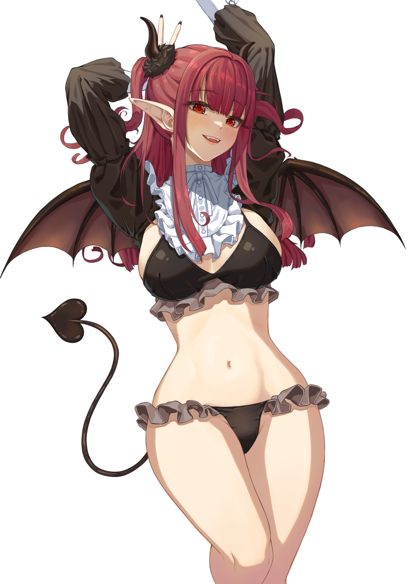 1girl :d absurdres arm_above_head arm_behind_head arms_up bangom_r black_bra black_panties bra breasts demon_girl demon_tail fangs feet_out_of_frame highres kitagawa_marin large_breasts looking_at_viewer midriff navel panties pointy_ears red_eyes redhead shrug_(clothing) simple_background smile solo sono_bisque_doll_wa_koi_wo_suru stomach tail thighs underwear underwear_only v white_background
