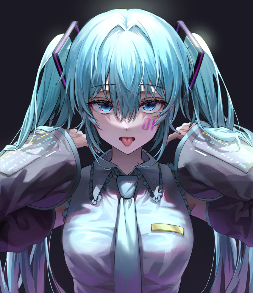 1girl aqua_hair bangs black_background blue_eyes breasts collared_shirt detached_sleeves eyelashes facial_mark frills grey_shirt hair_between_eyes hair_intakes hair_ornament hands_up hatsune_miku highres long_hair nagul number_tattoo sanpaku shirt sidelocks simple_background solo straight-on symbol-only_commentary tattoo tongue tongue_out twintails upper_body vocaloid