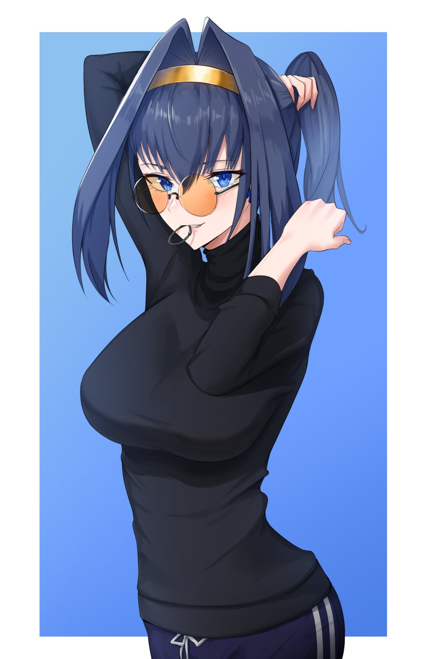 absurdres bangs blue_eyes blue_hair breasts glasses highres hololive hololive_english looking_at_viewer mouth_hold ouro_kronii simple_background turtleneck tying_hair zenya