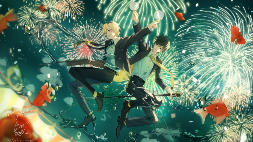 2boys aerial_fireworks bangs belt black_hair black_necktie blonde_hair business_suit character_request commentary_request commission confetti copyright_request festival fireworks fish formal full_body goldfish gun hair_over_one_eye highres holding holding_gun holding_weapon jumping long_sleeves male_focus multiple_boys necktie night night_sky original outdoors outstretched_arm rifle skeb_commission sky solo_focus stain star_(sky) starry_sky suit summer_festival teeth torino_enaga water weapon yellow_necktie