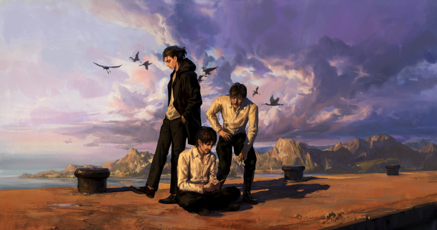 3boys bandages bird black_pants clouds coat collared_shirt envie_p1 eren_kruger eren_yeager facial_hair grisha_yeager highres hooded_coat male_focus mountain multiple_boys open_clothes open_coat painterly pants scene_reference shadow shingeki_no_kyojin shirt sitting spoilers standing stubble sunlight walking water