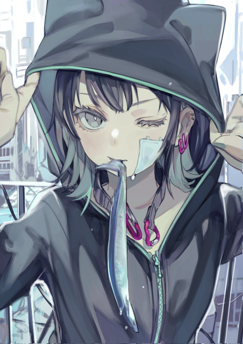 1girl adjusting_hood arm_up bandage_on_face bandages bangs black_eyes black_hair black_jacket boukou-chan_(tokiwata_soul) building cat_day closed_mouth collarbone colored_inner_hair commentary ear_piercing earrings eyebrows_behind_hair eyelashes fish green_hair hair_between_eyes hand_up highres hood hood_up hooded_jacket jacket jewelry looking_at_viewer mouth_hold multicolored_hair one_eye_closed original outdoors piercing railing short_hair solo tokiwata_soul upper_body zipper