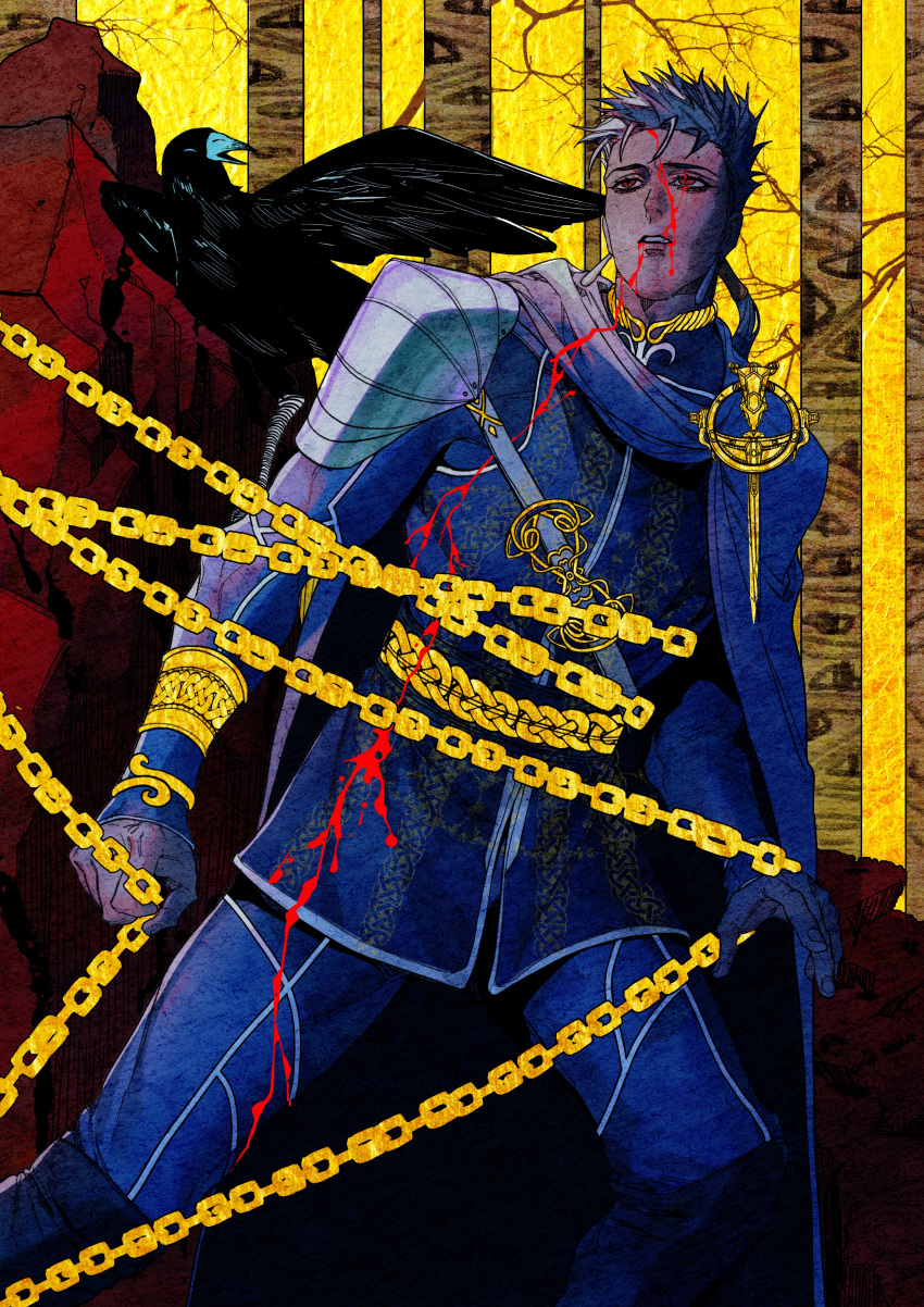 1boy absurdres alternate_costume armor bird blood blood_on_face blue_cape blue_hair blue_jacket blue_pants bracelet cape celtic_knot chain crow cu_chulainn_(fate) cu_chulainn_(fate/stay_night) earrings fate/stay_night fate_(series) fi-n-ona highres jacket jewelry long_hair long_sleeves male_focus pants pauldrons ponytail red_eyes shoulder_armor single_pauldron spiky_hair