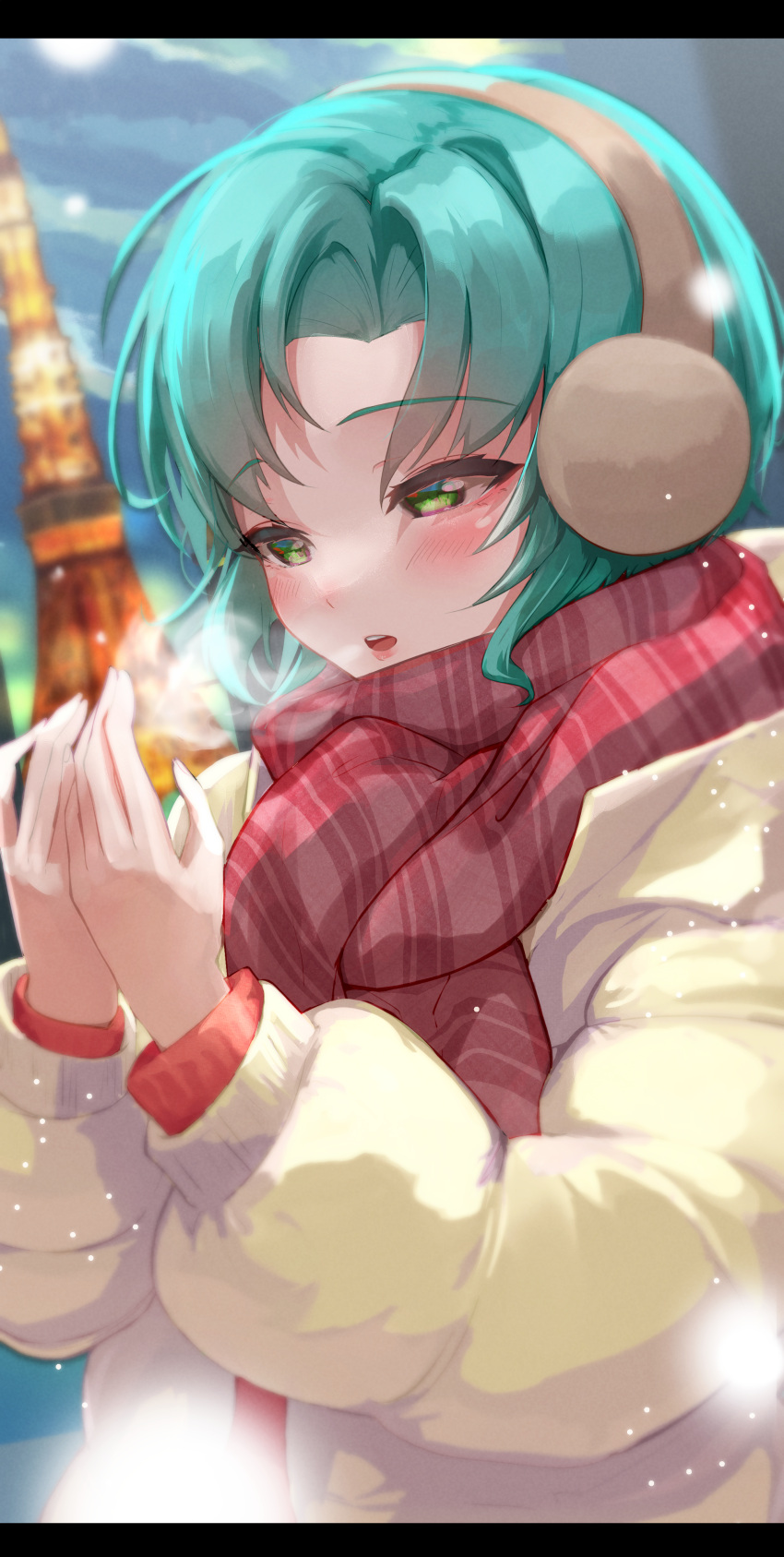 1girl absurdres blue_hair blurry blurry_background blurry_foreground blush breath d4dj down_jacket earmuffs eyebrows_visible_through_hair green_eyes hanamaki_towa hands_up highres jacket manawana open_mouth own_hands_together red_scarf scarf snowing solo striped striped_scarf upper_body
