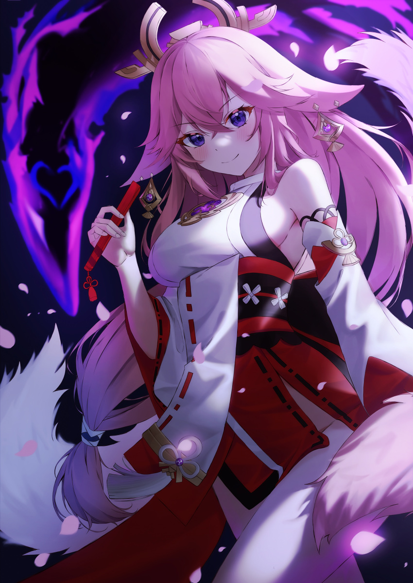 1girl absurdres animal_ears bare_shoulders breasts cowboy_shot detached_sleeves earrings fox_ears fox_tail genshin_impact highres holding japanese_clothes jewelry kitsune long_hair long_sleeves looking_at_viewer mad_rabbit medium_breasts no_panties pink_hair smile solo standing tail very_long_hair violet_eyes yae_miko
