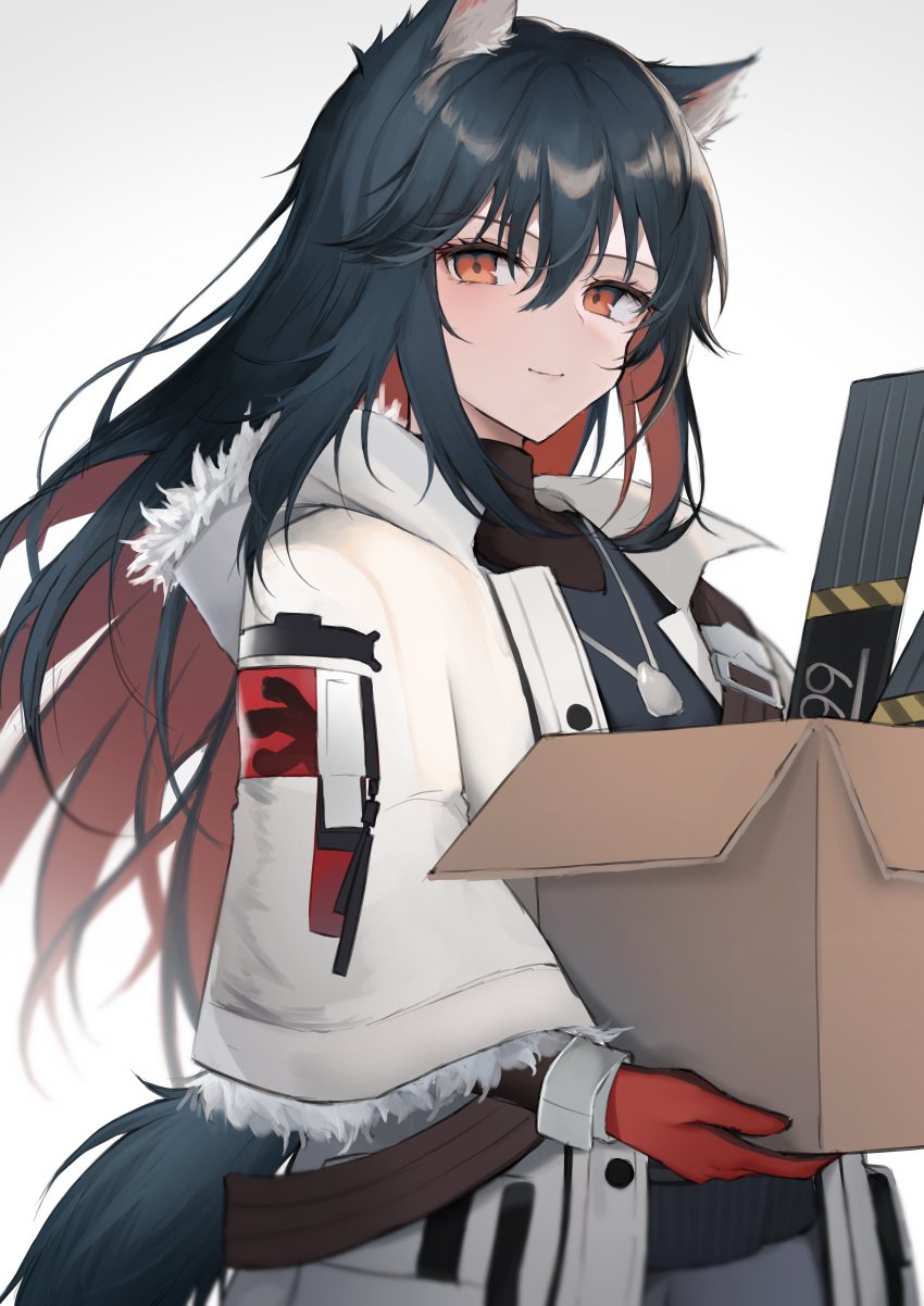 1girl absurdres animal_ear_fluff animal_ears arknights bangs black_hair black_shirt box carbon_(arknights) cardboard_box closed_mouth cowboy_shot eyebrows_visible_through_hair fur-trimmed_jacket fur-trimmed_sleeves fur_trim gloves hair_between_eyes highres holding holding_box hyakutarou_(momotar0_4) jacket jewelry long_hair long_sleeves looking_at_viewer multicolored_hair necklace official_alternate_costume open_clothes open_jacket red_eyes red_gloves redhead shirt simple_background smile solo tail texas_(arknights) texas_(winter_messenger)_(arknights) two-tone_hair white_background white_jacket wolf_ears wolf_tail