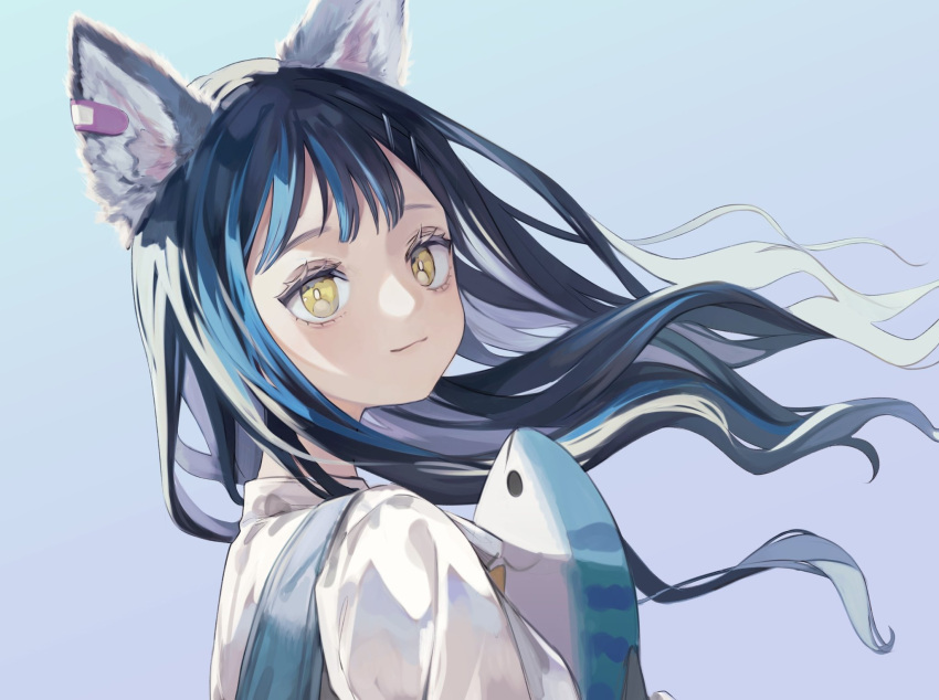 animal_ear_fluff animal_ears bangs black_hair blue_background bright_pupils collared_shirt eyebrows_behind_hair eyelashes floating_hair from_side gradient gradient_background hair_between_eyes highres holding indie_virtual_youtuber long_hair looking_to_the_side ocean_(vtuber) purple_background shirt smile stuffed_animal stuffed_shark stuffed_toy tokiwata_soul upper_body white_pupils white_shirt yellow_eyes