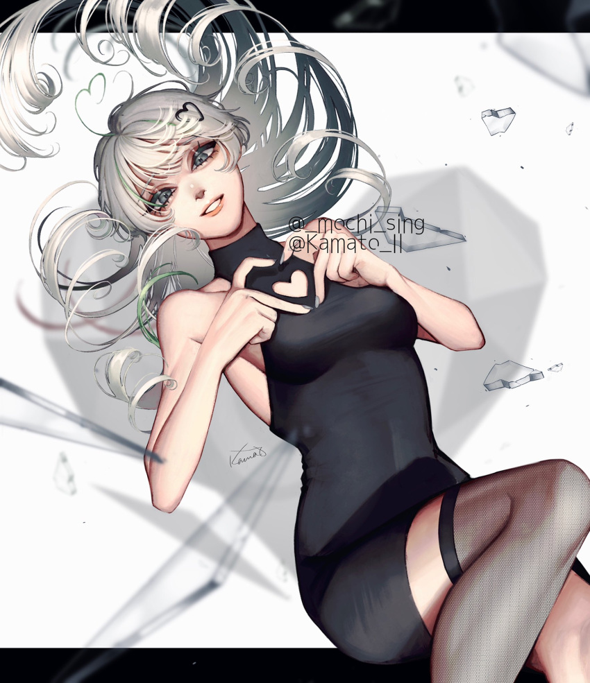 1girl artist_name bare_shoulders black_dress breasts broken_glass clothing_cutout covered_navel dress feet_out_of_frame glass grey_eyes grey_hair grey_nails hair_ornament heart heart_cutout heart_hair_ornament highres kamato_il long_hair medium_breasts original parted_lips signature sleeveless sleeveless_dress smile solo