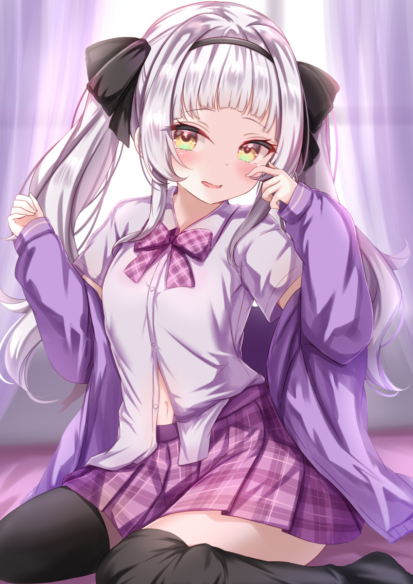 1girl bangs black_hairband black_legwear black_ribbon blush bow bowtie collared_shirt hair_ribbon hairband highres hololive jacket long_hair long_sleeves looking_at_viewer murasaki_shion navel off_shoulder open_clothes open_jacket parted_lips pink_bow pink_bowtie plaid plaid_bow plaid_bowtie plaid_skirt purple_jacket ribbon shirt short_sleeves silver_hair sitting skirt smile solo thigh-highs twintails virtual_youtuber white_shirt yellow_eyes yuano