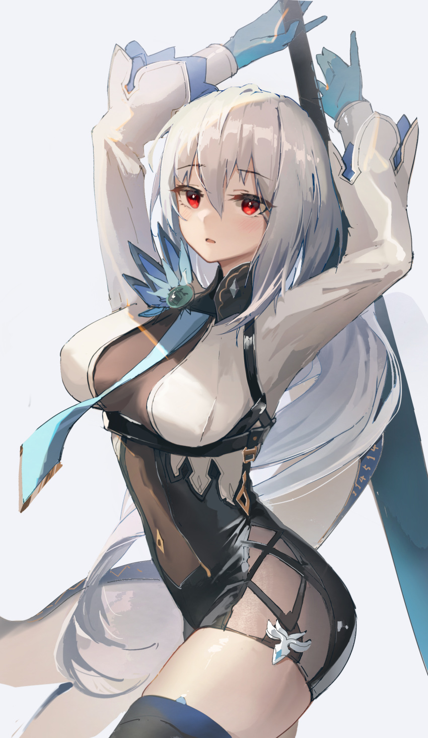 1girl absurdres arknights arms_up bangs black_legwear blue_gloves blue_necktie blush breasts cosplay covered_navel cowboy_shot eula_(genshin_impact) eula_(genshin_impact)_(cosplay) eyebrows_visible_through_hair genshin_impact gloves highres holding holding_sword holding_weapon large_breasts leotard long_hair long_sleeves looking_at_viewer necktie parted_lips red_eyes satou_rina silver_hair skadi_(arknights) solo sword thigh-highs underbust very_long_hair vision_(genshin_impact) voice_actor_connection weapon zombie_ke