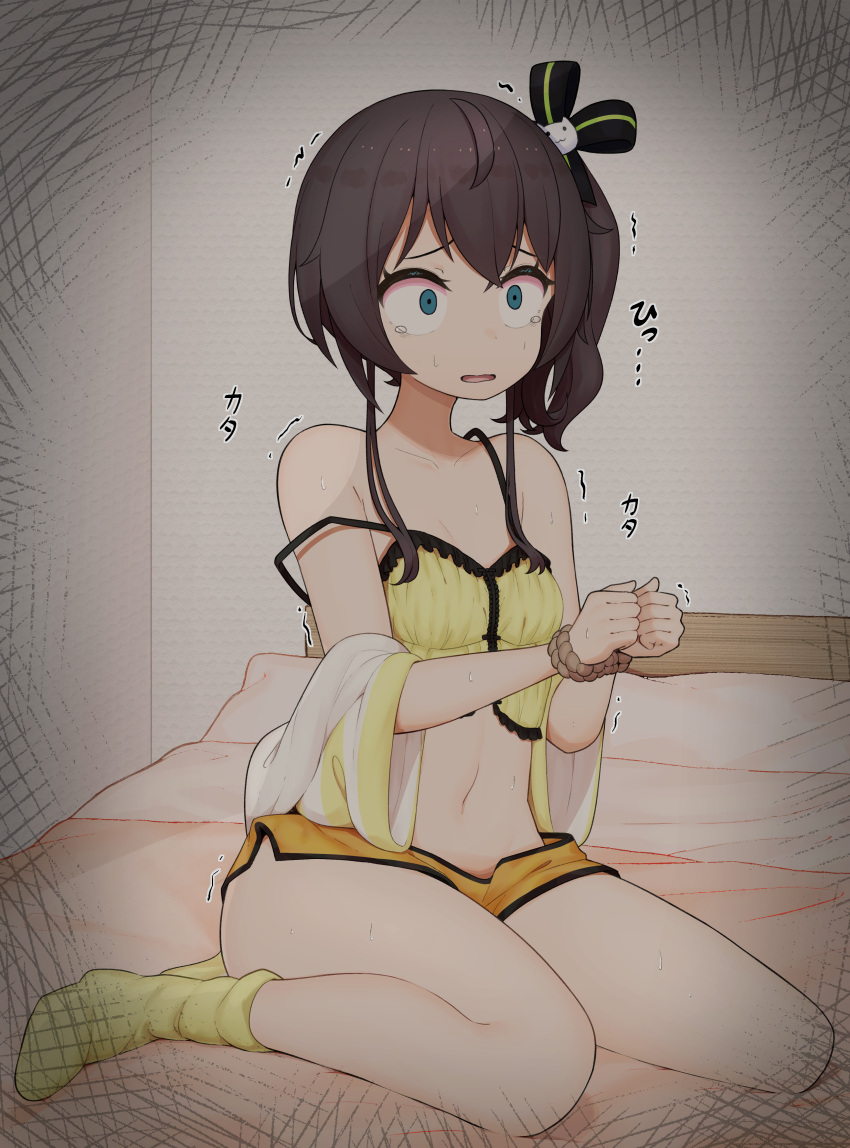 1girl absurdres bound bound_arms brown_hair green_eyes hair_between_eyes highres hololive lunch_boxer natsuiro_matsuri on_bed open_mouth shorts side_ponytail solo tagme tearing_up wide-eyed yellow_legwear yellow_shorts