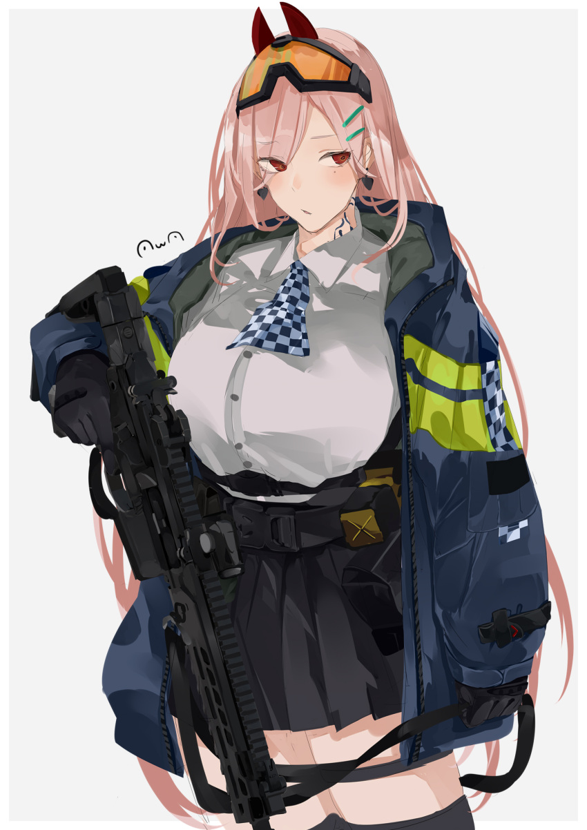 1girl artist_name assault_rifle bangs belt black_belt black_gloves black_legwear black_skirt blue_jacket blush breasts closed_mouth commission earrings eyebrows_visible_through_hair eyewear_on_head feet_out_of_frame girls_frontline gloves gun hair_ornament hairclip heart heart_earrings highres holding holding_gun holding_weapon jacket jewelry large_breasts long_hair looking_at_viewer mole mole_under_eye neck_tattoo open_clothes open_jacket pink_hair police police_uniform policewoman red_eyes rifle safety_glasses shirt sig_mcx_(girls'_frontline) sig_sauer_mcx skeb_commission skirt solo standing sutekina_awa tattoo thigh-highs uniform weapon white_background white_shirt